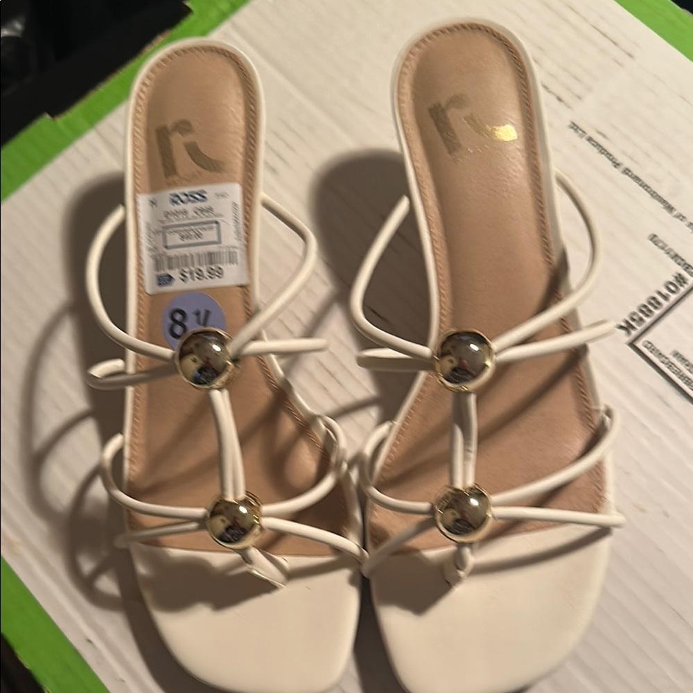 Women's White Strappy Slide Sandals with Gold Orbs